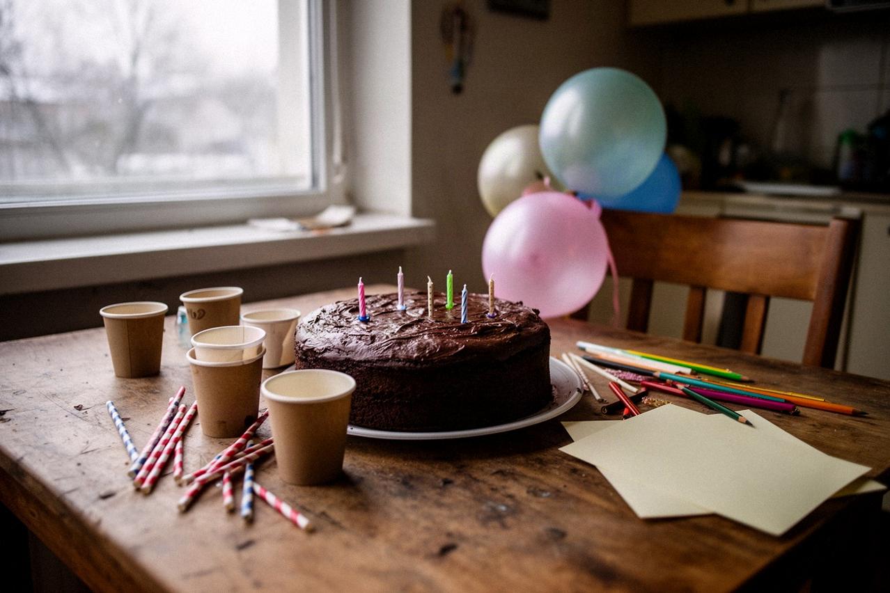 Domowy tort urodzinowy ze świeczkami na kuchennym stole obok kubeczków i balonów